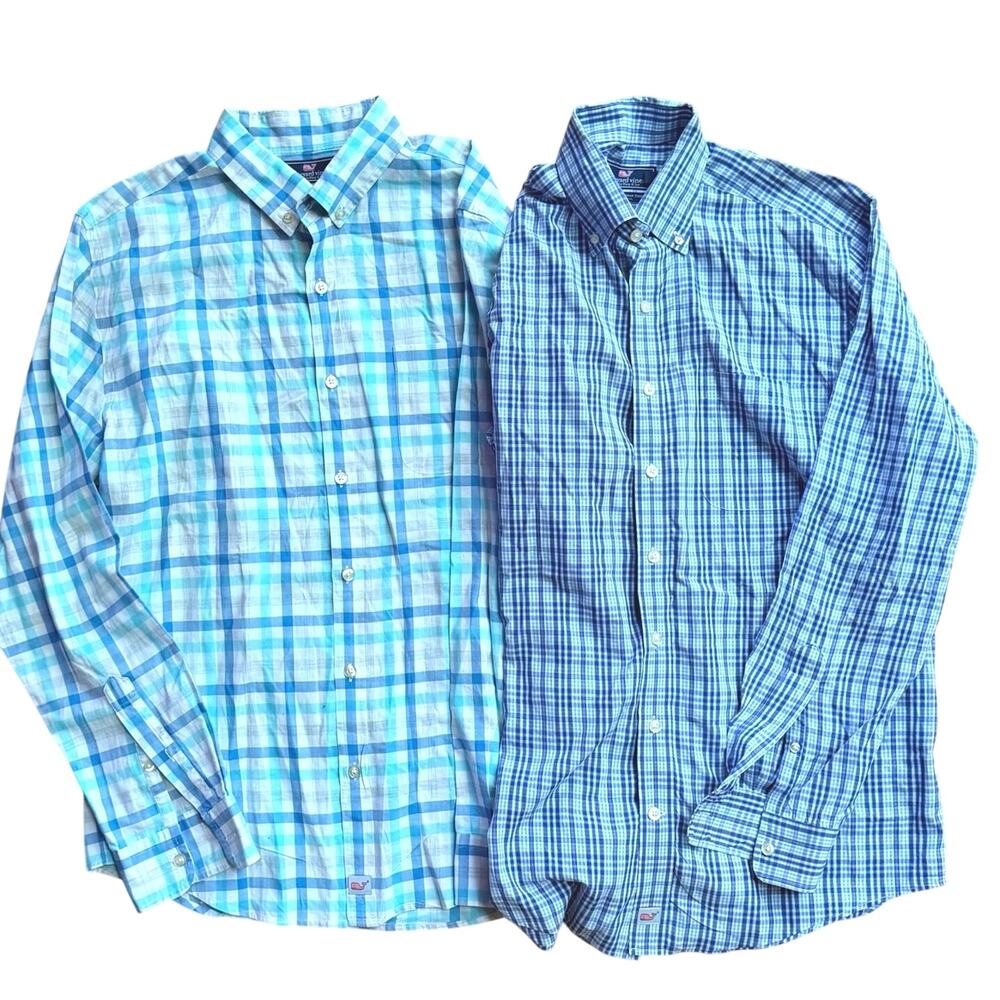 Vineyard Vines Medium Murray Blue Checked Plaid  100% Cotton Lot of Two Shirts